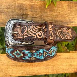 Hand Tooled Genuine Leather Western <b>Belt</b> <b>Boho</b> Southwestern Beaded Design Engraved Buckle Unisex Custom Size Wholesale OEM - Product Image 4