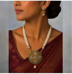 High Quality Polki Inspired Stainless Steel Zircon Imitation Pearl Antique Gold Plated Trendy Women's Necklace Jewelry Set - Product Image 3