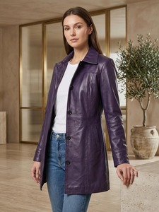 Veste en cuir d'agneau véritable pour femme, style trucker, boutonnée, col chemise, marron violet, vintage - Product Image 1