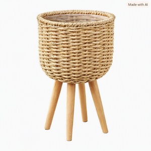 Support de plante en rotin tressé pour l'intérieur et l'extérieur, écologique, sculpté à la main, traditionnel, avec pieds en bois, pour la décoration de la maison - Product Image 1