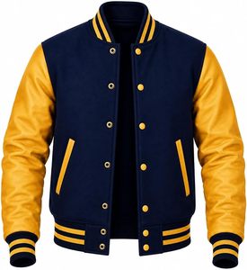 Veste varsity vintage pour homme, bleu marine et jaune, manches en simili cuir, boutons pression - Product Image 2