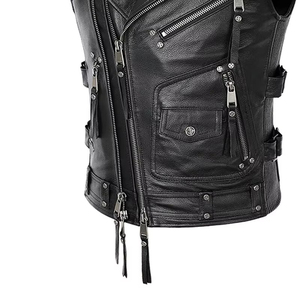 Custom Men Black <b>Leather</b> Biker Vest <b>Sleeveless</b> Motorcycle <b>Jacket</b> Punk Style Multi Zipper Genuine <b>Leather</b> Waistcoat - Product Image 3