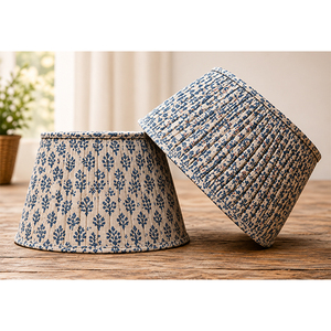 Navy Blue Floral Print Linen <b>Lampshade</b> | Natural Beige Fabric Pleated Drum Shade | Decorative Table, <b>Floor</b> & Pendant <b>Lamp</b> Shade - Product Image 1