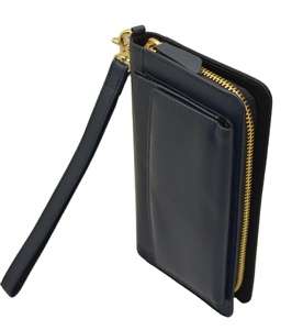 Women's Long Genuine Leather Wallet With <b>RFID</b> Zipper Closure Blue Minimalist Style Daily Use <b>Purse</b> With Wrist Strap - Product Image 4