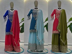 Ensemble de costume ethnique en coton brodé rouge et vert pour femmes avec dupatta assorti pour les occasions de mariage - Product Image 2