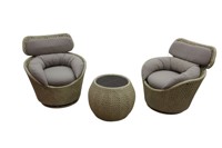 Ensemble de jardin en rotin, chaises 2 places avec table basse ronde, mobilier d'extérieur, design contemporain, coussins confortables