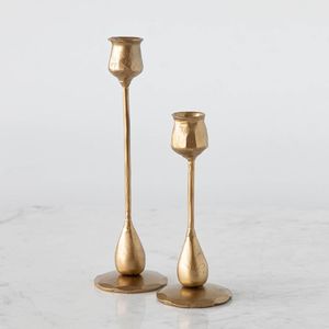 Gold Tulip Taper Candlestick Holders Set of 2 Cast Metal Spindle <b>Candle</b> Stand Teardrop Base Dining Table Centerpiece - Product Image 1