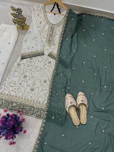 Conjunto de Salwar Kameez de Tela Georgette con Bordado Moderno y Elaborado para el Festival Eid, con Top, Pantalón Plazzo y Dupatta para Fiesta - Product Image 5