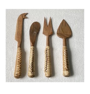 Juego de cuchillos para queso de madera rústica y ratán tejido con hoja de madera para servir con estilo en tablas de charcutería, accesorios gourmet modernos para queso. - Product Image 4