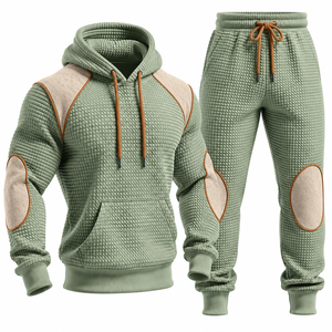 Ensemble de survêtement matelassé vert pour homme avec capuche et patchs marron, manches longues, tenue décontractée d'automne, pantalon uni avec cordon de serrage - Product Image 1