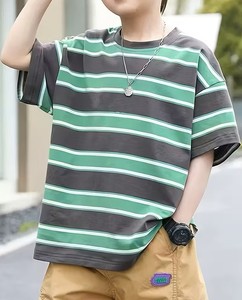 Boy's White Short Sleeve O-Neck Shirt Striped Contrast Trim Casual Regular Fit Breathable Eco-Friendly 180g Jersey Fabric - Product Image 1