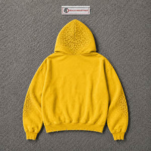 Sweat à capuche oversize jaune vieilli avec broderie étoile multicolore, motif léopard ton sur ton, effet délavé vintage, streetwear, pull-over avec texte - Product Image 6