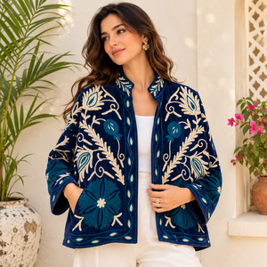 Sujani Velvet Handmade Embroidered Quilted Pullover <b>Jacket</b> Women Reversible Floral Boho <b>Kimono</b> Ruffles 100% Cotton Summer Autumn - Product Image 1