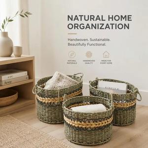 Cesta de Almacenamiento de Mimbre Ecológica, Organizador de Fibra Vegetal Tejido a Mano con Asas Redondas para Artículos del Hogar - Product Image 6