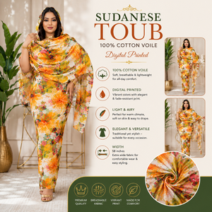 Toub soudanais élégant 100% coton voile imprimé numériquement |   Tissu pour robe traditionnelle, 58 pouces de large, motif floral vibrant, look chic - Product Image 5