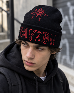 Black Embroidered Beanie Knit Winter Hat <b>Acrylic</b> Skull <b>Letter</b> Cap for Outdoor Casual Wear Custom Logo - Product Image 1