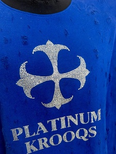 Custom High Quality Men Vintage Royal Blue Distressed Rhinestone Cross Graphic Oversized Heavyweight <b>Waffle</b> Fabric Sleeve 320g - Product Image 4