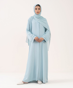 Light Blue <b>Long</b> Sleeve Floor Length Abaya <b>For</b> Women Modest Muslim Clothing Solid Color Polyester Loose Fit Middle East Style - Product Image 4
