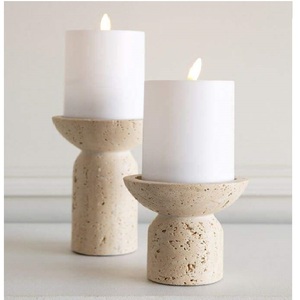 Ensemble de porte-bougies globe en travertin Wabi-Sabi, fait main, en pierre de grès crème brute, support pour bougies chauffe-plat - Product Image 4