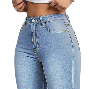 Women's Light Blue Woven <b>Denim</b> Capri Pants High Waist <b>Stretch</b> Skinny Fit Casual Knee Length Button Hem Everyday Wear - Product Image 3