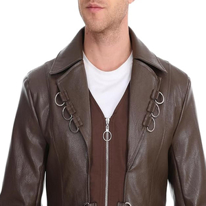 Manteau long en cuir véritable marron pour homme avec ceinture, col à revers et manches classiques - Product Image 5