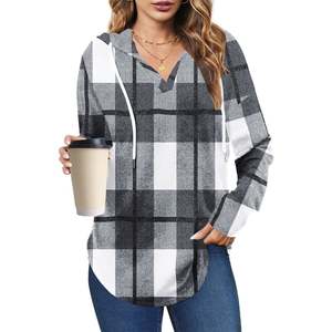 Sweat-shirt à capuche décontracté pour femme, noir, blanc, gris, à carreaux, à manches longues, avec cordon de serrage, doux et confortable - Product Image 5