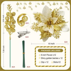 50 Pezzi di Fiori di Poinsettia Glitterati Artificiali con Clip, Decorazioni Natalizie per Ghirlande e Corone, Ornamenti per Decorazioni Festive - Product Image 1