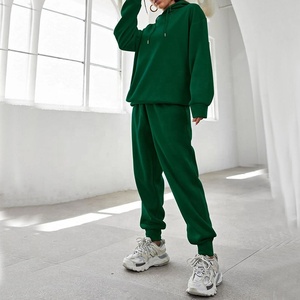 Women Green Hooded <b>Sweatshirt</b> Set Cotton Full Sleeve Loose Fit Casual Tracksuit With Side Pockets Autumn Wear - Product Image 4