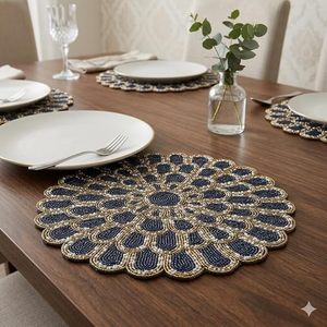 <b>Round</b> Bohemian Embroidered <b>Table</b> Mat Navy Gold Fabric Handmade 450mm Diameter - Product Image 4