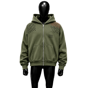 Sweat à capuche zippé décontracté olive coupe oversize, imprimé étoiles géométriques, veste polaire décontractée, coupe régulière, pour l'automne, légère, chaude et confortable - Product Image 1