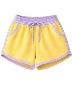 Ensemble décontracté deux pièces pour femme, comprenant un crop top à capuche zippé et un short, color block lavande et jaune, en polyester et coton, tenue de détente, vente en gros - Product Image 5