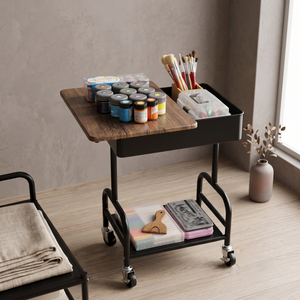 Modern Double Tier Utility Cart With <b>Wheels</b> Wood Top Storage Organizer For Living Room Minimalist Design - Product Image 1