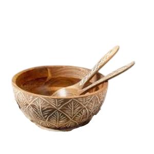Eco-Friendly Mango Wood <b>Salad</b> <b>Bowl</b> Set Intricate White-Washed Carving Design <b>And</b> Matching <b>Servers</b> Perfect For Home Dining Decor - Product Image 1