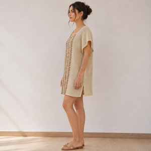 Tunique bohème beige pour femme, broderie géométrique, manches courtes, en coton, décontractée, pour l'été, la plage, les vacances, les festivals, coupe ample - Product Image 2