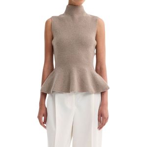 Top corto transpirable amarillo soleado de punto para mujer, sin mangas, con dobladillo peplum, cuello alto y ajuste ceñido acanalado. - Product Image 3