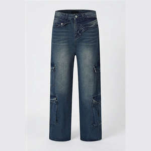 Pantalones Vaqueros Cargo para Hombre, Cintura Media, Corte Regular, Estilo Utilitario, Lavado a la Piedra, Algodón, Color Sólido, Otoño - Product Image 6