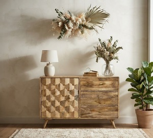 Buffet en bois de manguier massif de style moderne du milieu du siècle avec portes géométriques et tiroirs de rangement, 5+ pieds, pour salon et salle à manger - Product Image 1