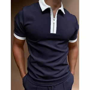 Men's Geometric Color Blocked Zipper <b>Polo</b> Shirt Short Sleeve Knitted Sporty Style Regular Fit Black <b>White</b> Design - Product Image 2