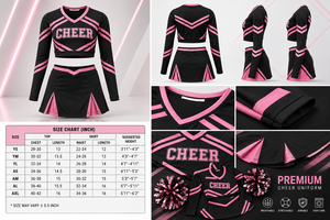 Wholesale Low Price Adults Polyester Cheerleading Uniform Set <b>Long</b> <b>Sleeve</b> <b>Crop</b> Top Mini Skirt <b>Black</b> Pink Rhinestone Heat - Product Image 5