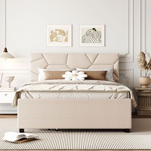 Letto matrimoniale imbottito in tessuto di lino beige con testiera a motivo mattoni e letto estraibile singolo - Product Image 2