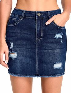 Jupe mi-longue en jean déchiré taille haute sexy pour femme, extensible, écologique, respirante, 100 % coton, 4 poches, douce, extensible, avec fermeture éclair - Product Image 2