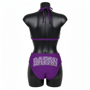 Conjunto de bikini de lujo de poliéster y spandex, color morado, tela suave y elástica, paneles con rayas y estrellas en contraste, parche con logo, conjunto de bikini para mujer. - Product Image 3