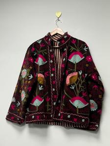 Handmade Brown <b>Velvet</b> Suzani Embroidered <b>Jacket</b> with Floral Pattern Full Sleeve Stand Collar Bohemian <b>Women's</b> Autumn Outerwear - Product Image 4