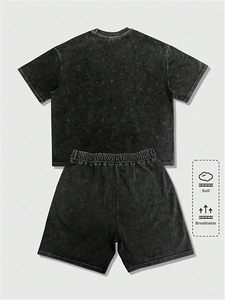 เสื้อยืดทรงบ็อกซี่สไตล์สตรีทแวร์ผ้าฝ้ายปักลายเพชรพร้อมกางเกงขาสั้น ชุดเซ็ตเสื้อยืดแบบวินเทจสำหรับผู้ชาย ขายส่ง - Product Image 2