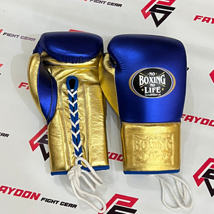 ถุงมือชกมวยหนังแท้สีน้ำเงินทองแบบสั่งทำพิเศษ รุ่นยอดนิยม No Boxing No Life สำหรับผู้ชาย - Product Image 1