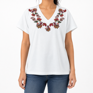 Women's 100 Cotton V Neck Paisley Print T-Shirt Short Sleeve Casual OEM ODM Manufacturer - Product Image 1