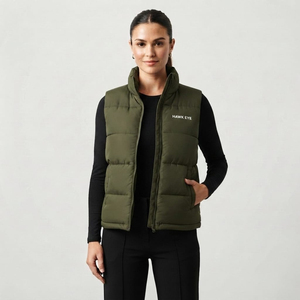 Trendy Olive Green <b>Women</b> Quilted Padded Vest Jacket <b>Sleeveless</b> Winter Outerwear High Collar Full Zip Casual Wear Puffer - Product Image 2