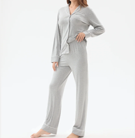 Ensemble de pyjama en modal pour femmes, 160 g/m², haut à manches longues boutonné et pantalon droit, vêtements de nuit avec passepoil blanc