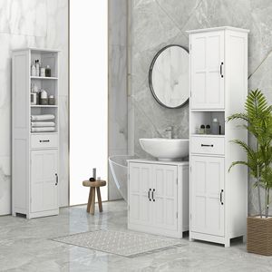 Mobiletto Alto Bianco Salvaspazio per Bagno, Armadio a Colonna con Ripiani Aperti, Cassetti e Ante a Scomparsa, Ripiani Regolabili in MDF, Ideale per Uso Ospedaliero - Product Image 2