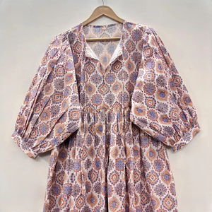 Robe midi décontractée en coton pour femme avec manches ballon - Robe d'été style babydoll taille empire - Tunique ample 100 % coton à col en V - Product Image 3